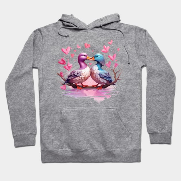 Valentine Kissing Mallard Bird Couple Hoodie by Chromatic Fusion Studio